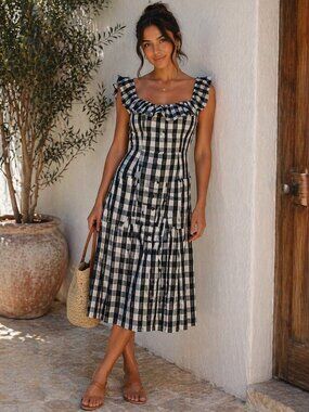 Sugarlips Black White Gingham Off Shoulder Midi Dress XS